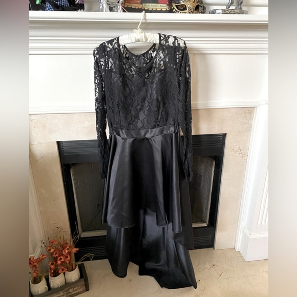 VINTAGE black satin and lace dress longer in back